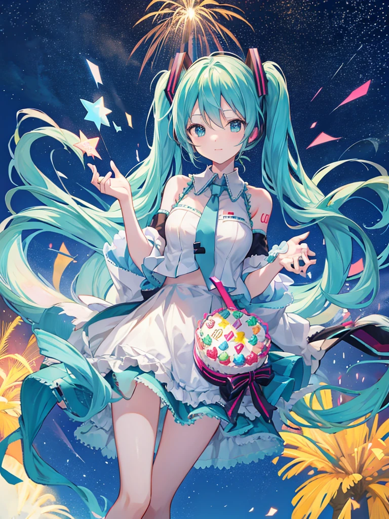 Hatsune Miku holding a birthday cake. Fireworks in the background.