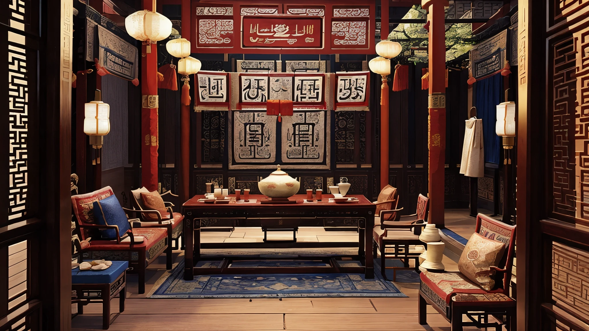 A scene showing the court of an Islamic caliph, featuring (((Featured Chinese Silk Fabrics))), decorating the environment. The scene should reflect luxury and sophistication, featuring [porcelain jars in the background] and merchants trading.