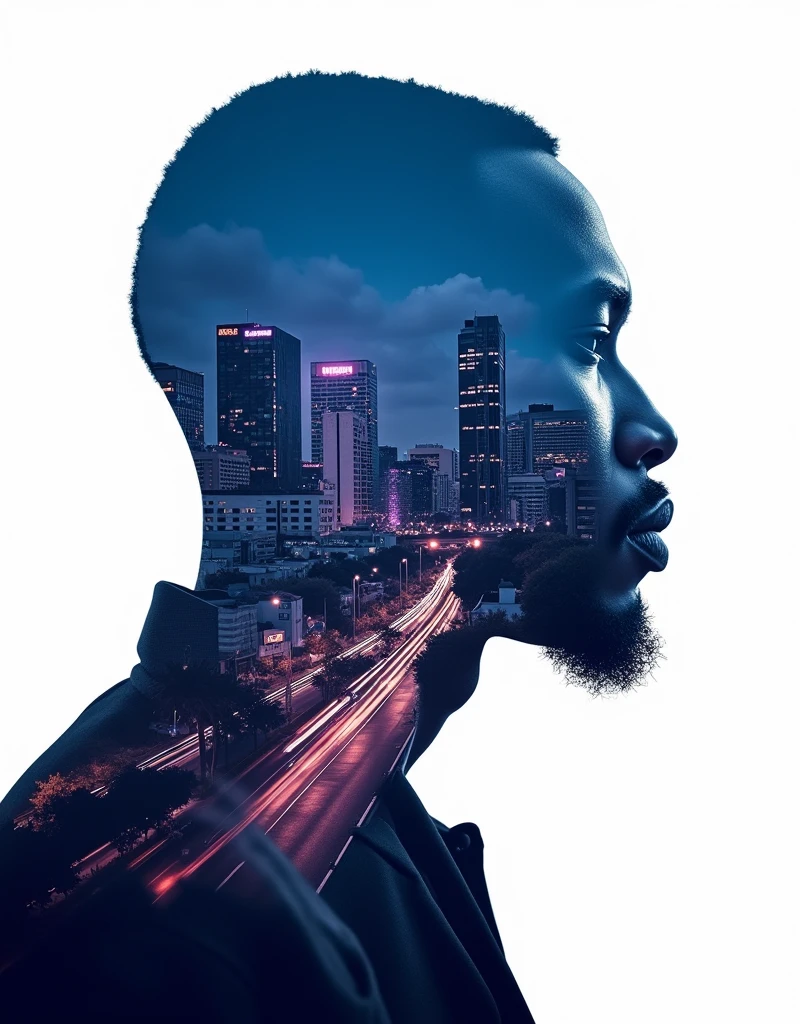 Innovative double exposure artwork showcasing african male, side shot, filled with a bustling johannesburg at night, blue and purple shades, ultra-high resolution 32k, white background