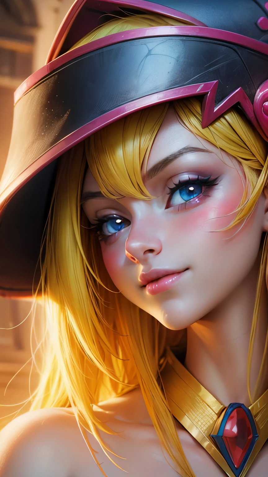 Beautiful face of dark wizard gils. long eyelashes, blue eyes. pink lips. long blonde hair. Yellow hair. exposed shoulders, angelic smile, beautiful well detailed face of dark wizard gils. blowing a kiss. and winking. She is flirtatious with the viewer.