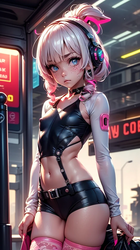1girl, innocent, alone, ((waiting a bus:1.5)), (view_from_front:1.5), (instagram yanakryukova), (seductive_facial_expression:1.4), sweety, cute, kawaii, perfect face, galactic_young_princess, ((little breasts, flat_chested, small chest:1.6)), ((little nipples, natural nipples)), top model figure, (skinny), (perfect little ass, round ass, long legs, slim legs), pale skin, soft skin, caucasian ager, slender girl, natural make-up on eyes only, perfecteyes, black_eyes, (innocent_looking:1.4), oval jaw, freckles, natural_beauty, (white hair, bright pink hair, dreadlocked pigtails, long bangs, drill hair), ((she is wearing a white transparent lace bodysuit, print white cotton leggings, white transparent lace hoodie, lace collarbone, cleavage cutout, cameltoe, and techwear high boots)), ((wearing an intricate detailed techwear white outfit)), ((cute neon head accesories:1.6)), punk_hair_ornaments, pastel_goth, punk, fantasy_princess, necklace, earring, cute 18 years old girl, skinny young girl, white theme, (bokeh, depth of field, blurry background, light particles, fog), ((detailed sci-fi cyberpunk bus stop background:1.6)), ((real life, realistic, profesional photography, photo_realistic, hyper_realism, ultra-detailed)), photography by Tim Walker, Tim Walker masterpiece, best_quality, 8K, soft tones, pastel tones, low saturation, (contrast:0.3), muted colors, cold light, neon, Ex_Machina_movie, studio light, (((hyper quality 32k))), neon, pink legwear, pink thighhighs, thigh strap, short pants, puffy long sleeves, covered navel, neon hair, hair extensions, blue eyes, jacket, red tank top, belts on clothing,Expressiveh