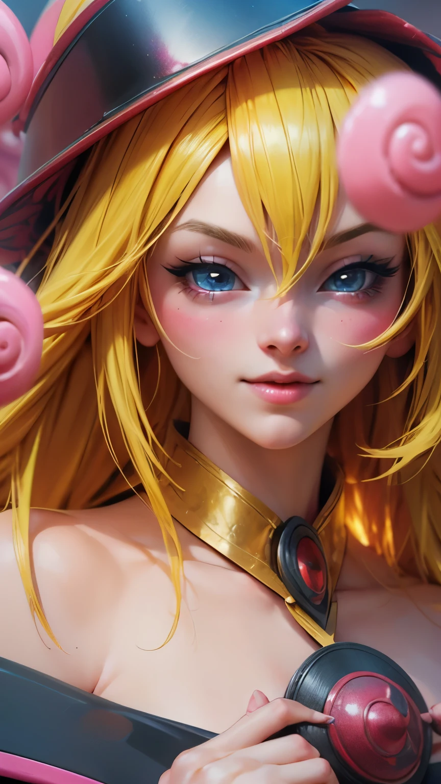 Beautiful face of dark wizard gils. long eyelashes, blue eyes. pink lips. long blonde hair. Yellow hair. exposed shoulders, angelic smile, beautiful well detailed face of dark wizard gils. blowing a kiss. and winking. She is flirtatious with the viewer.