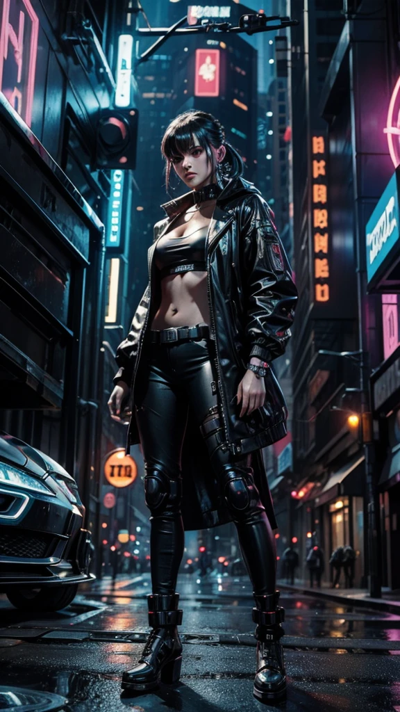 a cyberpunk girl stands outside a nightclub on a street of a futuristic and dystopian city, not far away you can see futuristic cars with some cyborgs