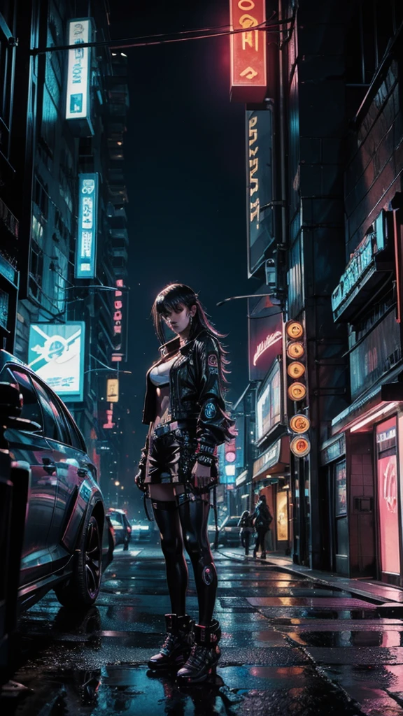 a cyberpunk girl stands outside a nightclub on a street of a futuristic and dystopian city, not far away you can see futuristic cars with some cyborgs