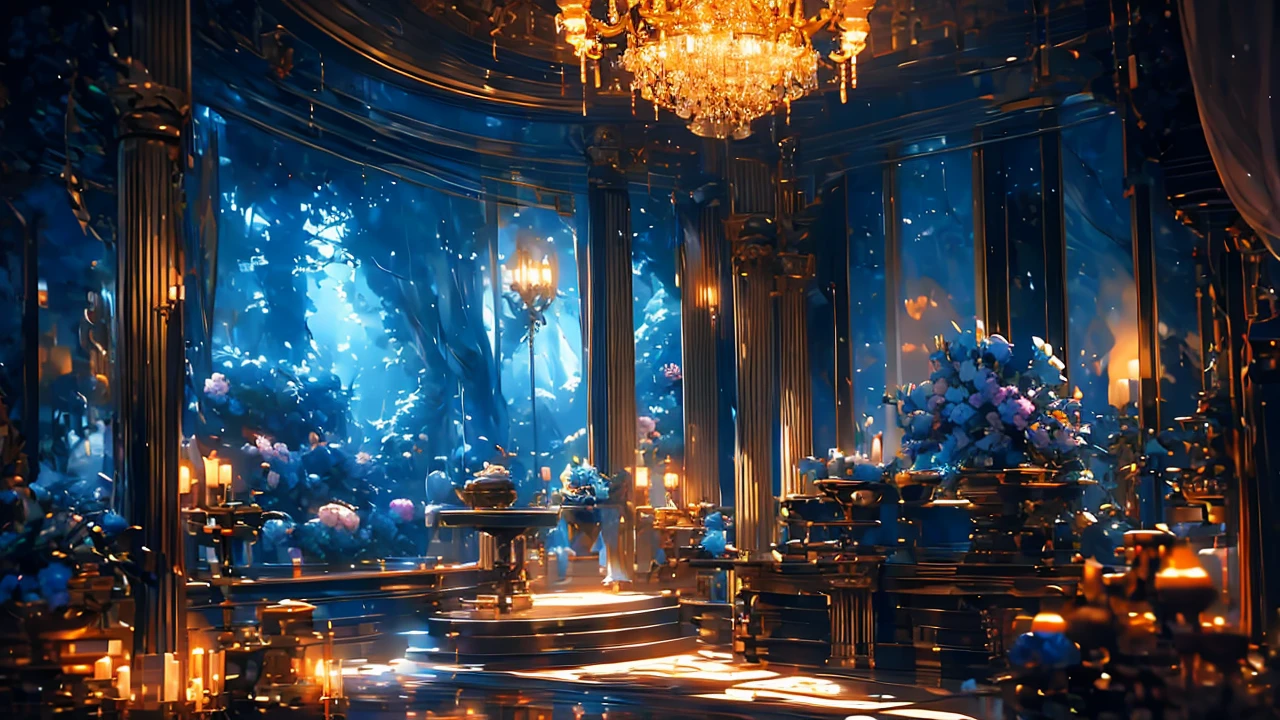 a person sleeping covered in a room with chandeliers, warm lighting, oriental style decor, french windows with rain outside, detailed ornate chandelier, intricate patterns on bedding, dramatic lighting, photorealistic, high quality, award winning digital art, 8k, best quality, masterpiece, ultra-detailed, realistic, photo-realistic, HDR, UHD, studio lighting, ultra-fine painting, sharp focus, physically-based rendering, extreme detail description, professional, vivid colors, bokeh, portraits, chiaroscuro lighting, moody atmosphere, dramatic lighting, cinematic