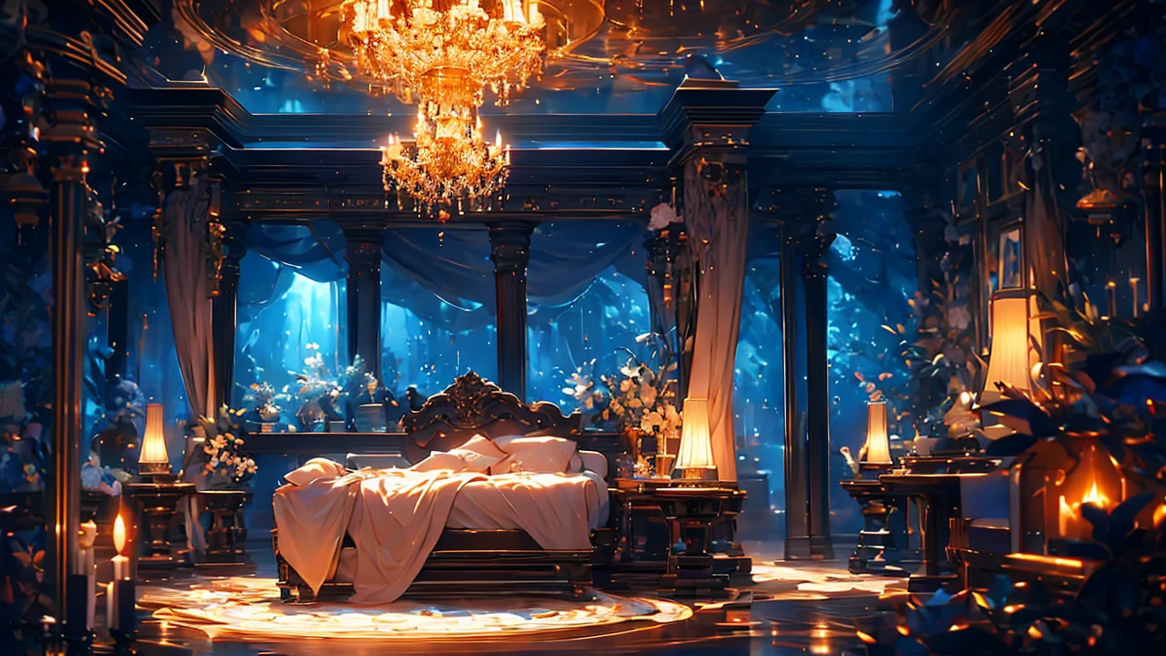 a person sleeping covered in a room with chandeliers, warm lighting, oriental style decor, french windows with rain outside, detailed ornate chandelier, intricate patterns on bedding, dramatic lighting, photorealistic, high quality, award winning digital art, 8k, best quality, masterpiece, ultra-detailed, realistic, photo-realistic, HDR, UHD, studio lighting, ultra-fine painting, sharp focus, physically-based rendering, extreme detail description, professional, vivid colors, bokeh, portraits, chiaroscuro lighting, moody atmosphere, dramatic lighting, cinematic