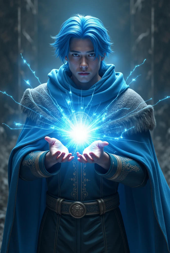 Raise a 28 year old, with blue hair, with a cape and releasing a burst of light in his hands