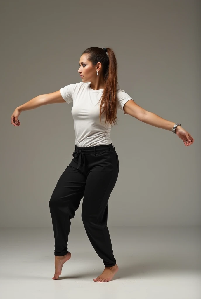 long hair ponytail woman wearing t-shirt and pant dancing full length show face dancing