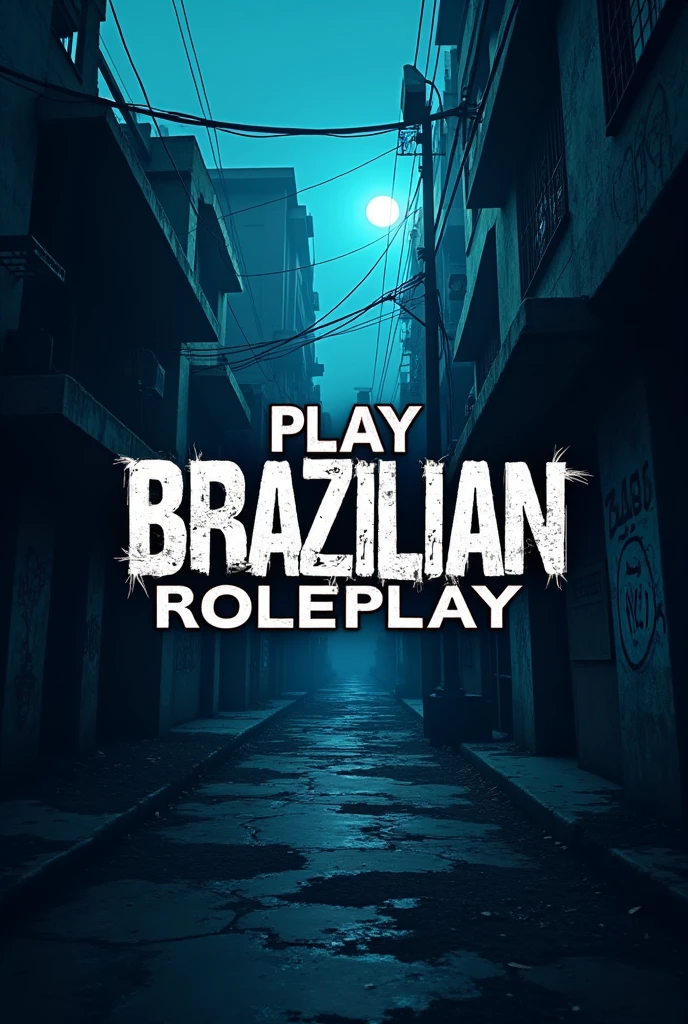 A logo for rp server, slums in the background, blue theme, Written "Play Brazilian Roleplay"