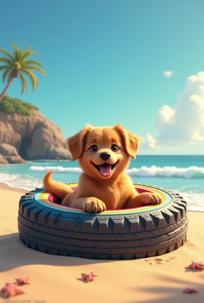 Caramel Dog inside a happy tire on Piscinao de Ramos beach with the Stone machine with him