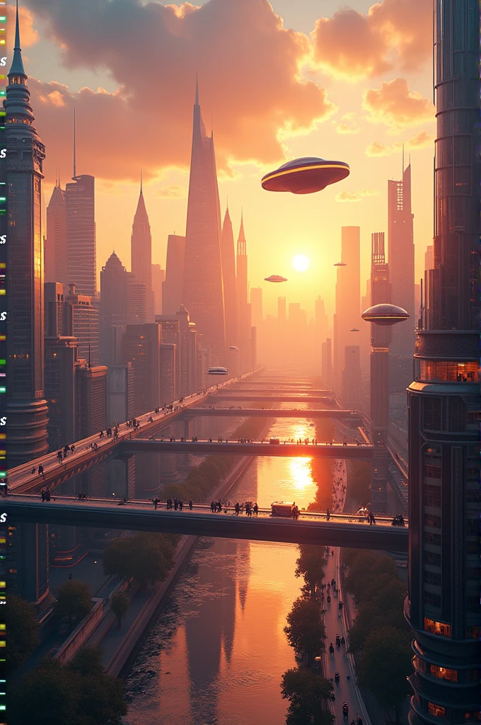 Create a sunrise in London in 2124, with lots of technology and flying cars 
