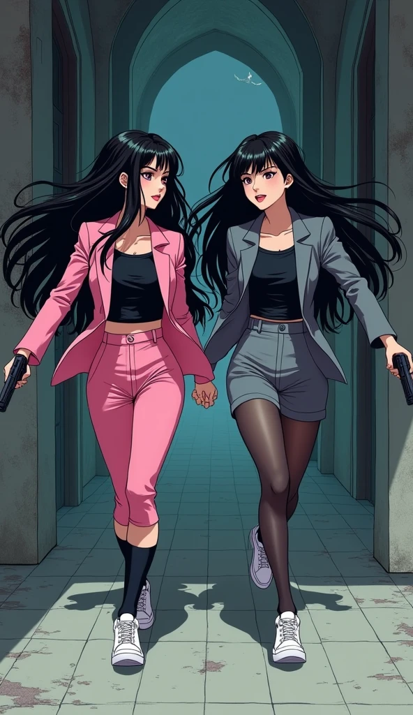 Two womens long black hairs, yuri,
(The first women wear a pink suit, black shirt, pink pencil skirt, black underpants, black tights, white socks, white sneakers)
(The second women wore a grey suit, black shirt, grey pencil skirt, black underpants, black tights, white socks, white sneakers)
holding a handguns, running and escape inside the vampire castle, cartoon novel, 4K, HD