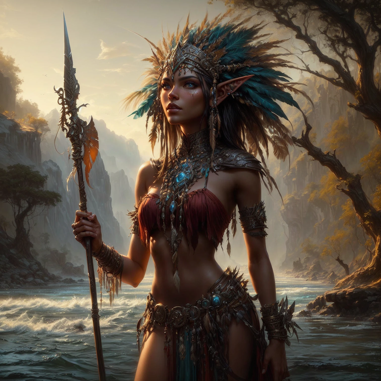 a close up of a woman with a spear in a river, tyler edlin fantasy art, avian warrior, female troll shaman, artgerm julie bell beeple, detailed fantasy art, 4k fantasy art, high fantasy art, peter mohrbacher c 2 0, apsaras warrior, high quality fantasy art, peter mohrbacher style