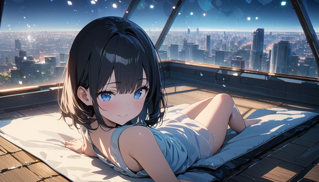 ((ultra-detailed))/ (one women with short black hair and bob hair.、beautiful blue eyes,.、smile、gentle smile on her face、flat chest, one Beautiful girl,((masterpiece, illustration, best quality) ((ultra-detailed))/),laying on top of her apartment roof on her back and is sitting on a mat while she is viewing the city skyline ,濃い青とBeautiful Blueのグラデーション, High resolution, 8K HD detail, hyper-detail, cinematic, surrealism, soft light, deep field focus bokeh, ray tracing and surrealism. --v6