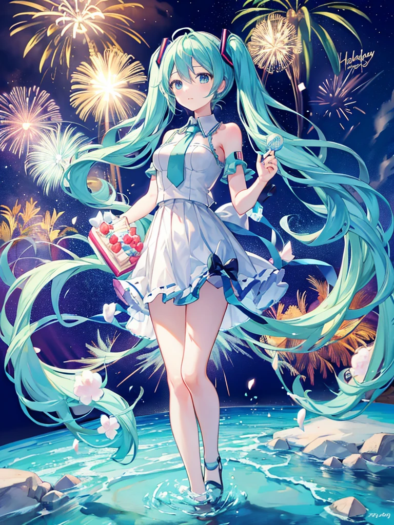 Hatsune Miku holding a birthday cake. Fireworks in the background.