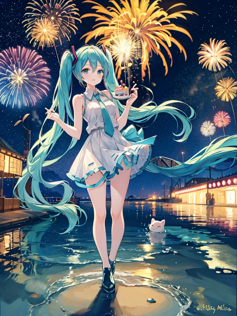 Hatsune Miku holding a birthday cake. Fireworks in the background.