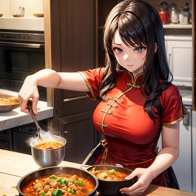 A woman in a Chinese dress making mapo tofu curry