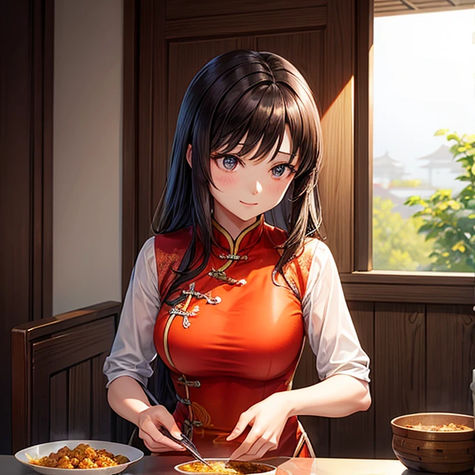 A woman in a Chinese dress making mapo tofu curry