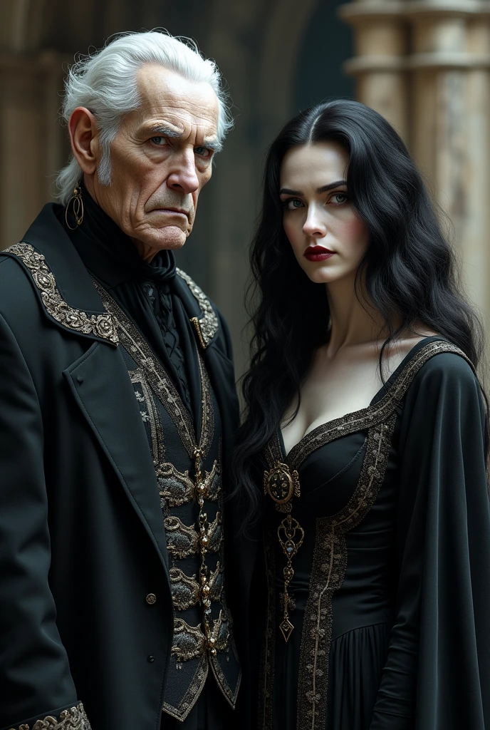 Create a couple of 60-year-old vampire kings,He must be very white and black-haired and she must have very long black hair and must be white