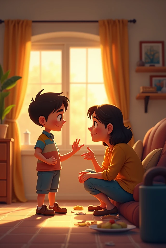 babysitter scolding a sad (cheered up)