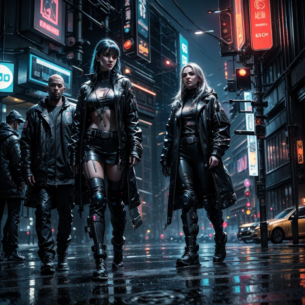 A hyper realistic photo in cyberpunk style with vivid and attractive colors, A blonde woman with a sexy and defined body accompanied by her husband and her lover, The three have an air of passion for the situation and enjoy provoking, She is very excited and her breasts are showing., A digital painting style image, sharp focus, illustration art by greg rutkowski, nsfw.