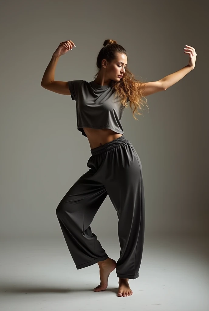 long hair ponytail woman wearing t-shirt and pant dancing full length show face dancing
