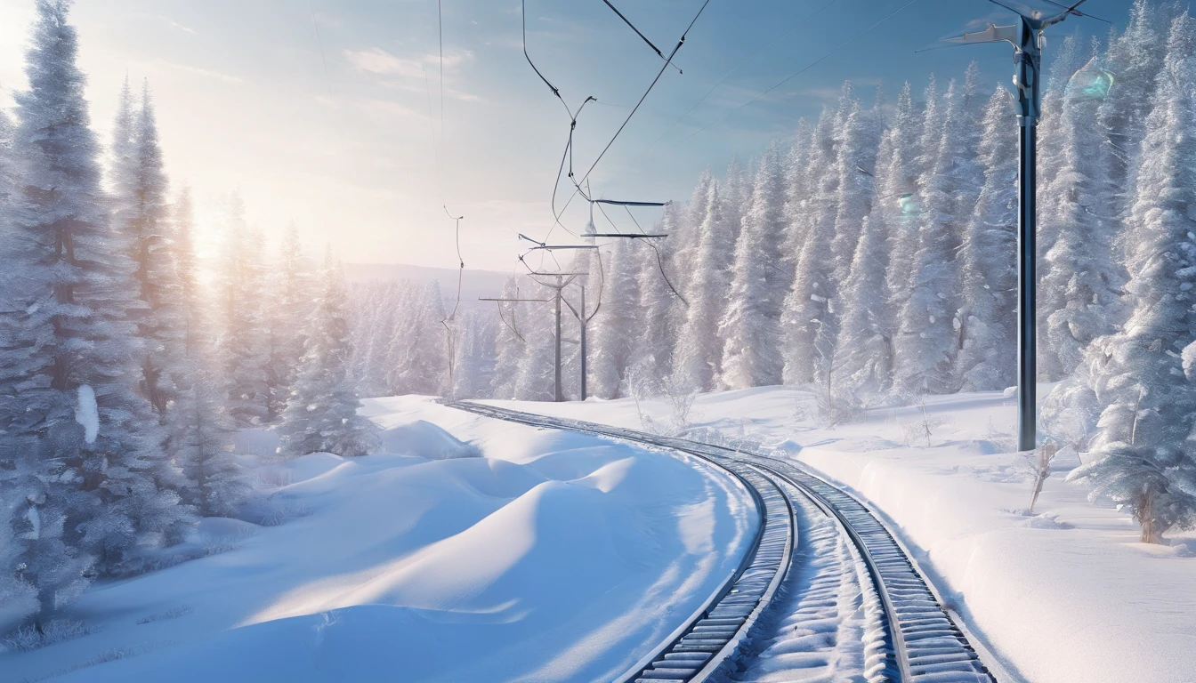 Tram tracks in the countryside, winter, forest visible in the distance, high detail, high resolution, high quality