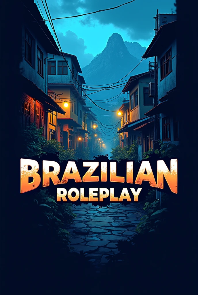 A logo for rp server, Brazilian favelas in the background, blue theme, Written "Play Brazilian Roleplay"