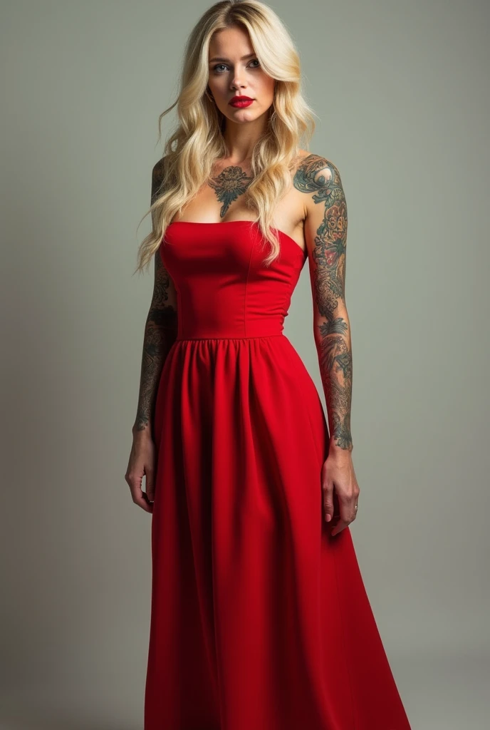 tall blonde woman, strong makeup red lipstick wearing red strapless dress, with various tattoos on the body.