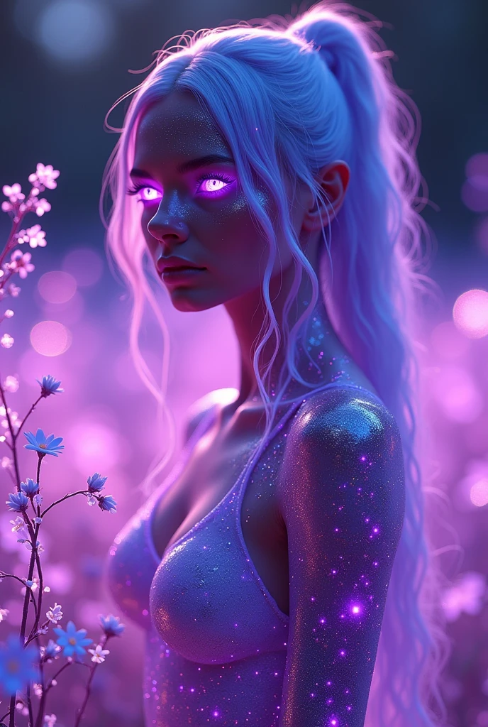 "A futuristic, otherworldly woman with luminous, neon purple features. Her eyes and hair emit a radiant violet glow, blending seamlessly with the surrounding environment. The scene is set in an enchanted digital forest, where holographic plants and flowers pulse with a soft, ethereal purple light. Her skin is slightly reflective, with shimmering patterns that mimic the constellations. She stands gracefully among the glowing flora, her expression calm and inquisitive, embodying the mystique of a cybernetic fairy in a surreal, neon-lit landscape."