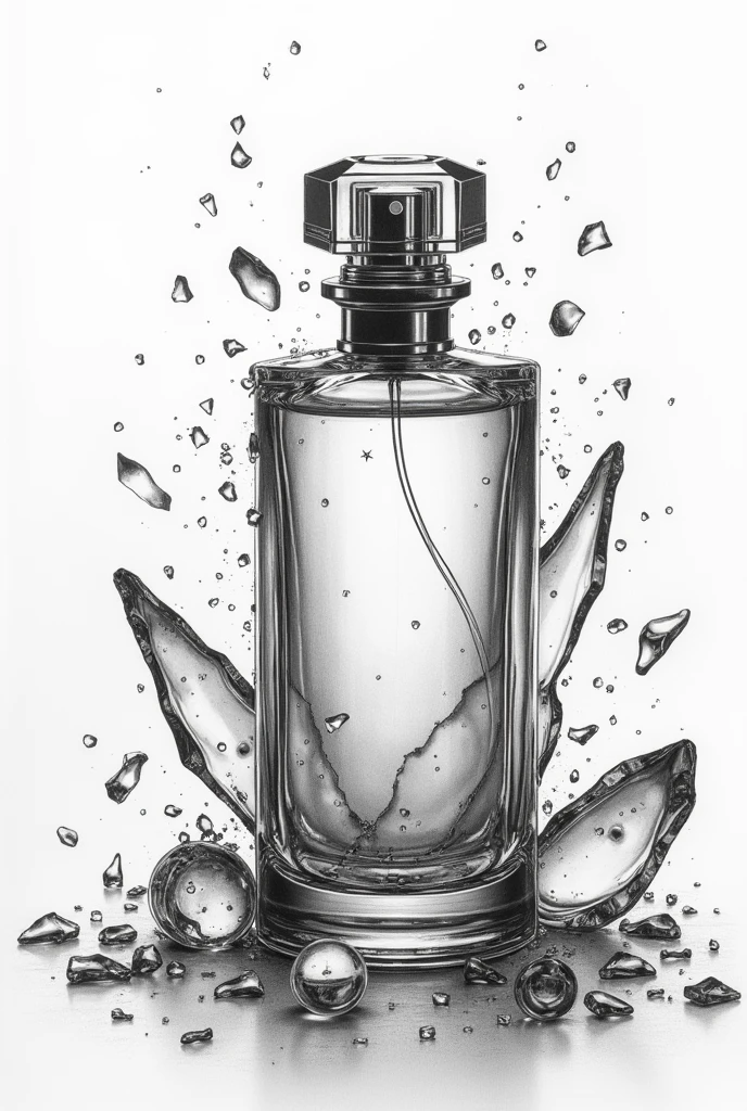 Pencil drawing of a cylindrical glass perfume bottle with broken glass everywhere and a lot of visual noise.