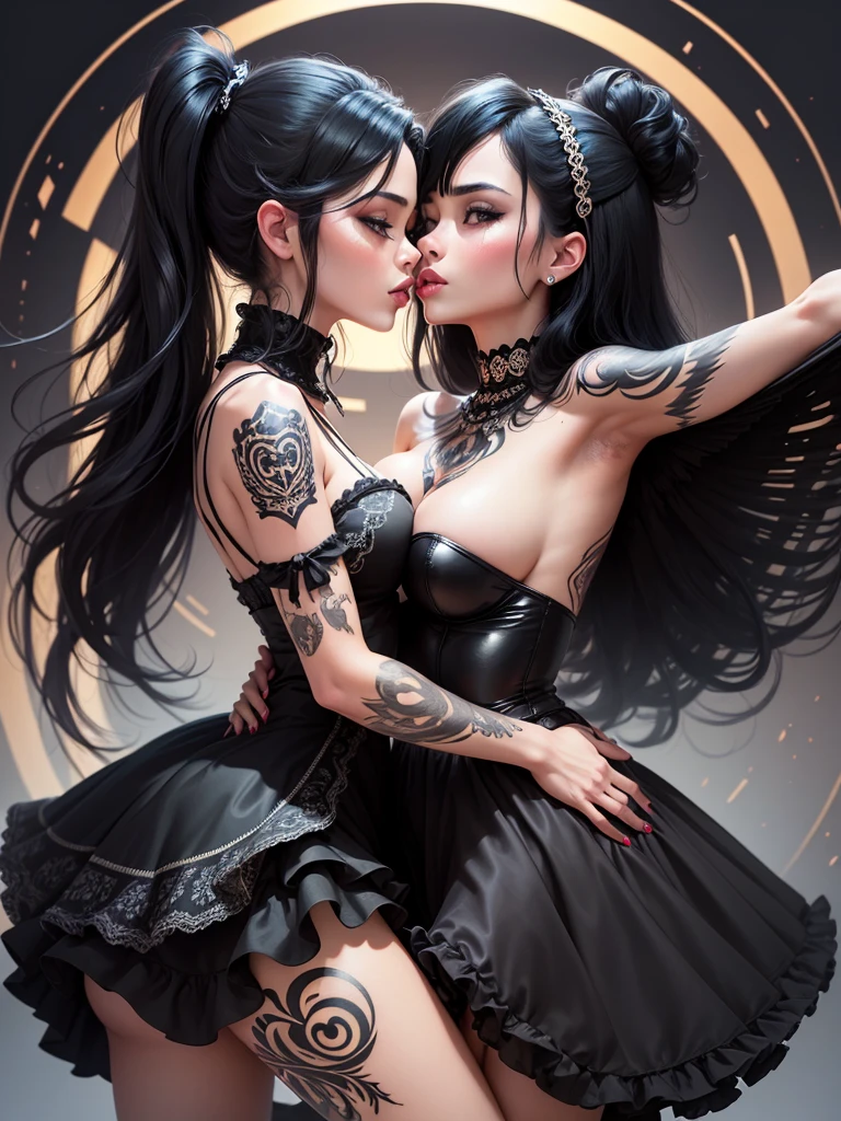 ultra hd digital art, 2 woman with black hair, black tattoos, ta dress, glossy lips, she bends forward, sexy kiss