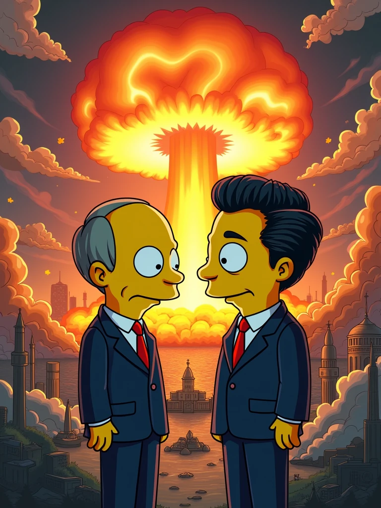 Vladimir Putin and Chinese president Xi on apocalyptic background with nuclear weapons, bomb, Simpsons style, yellow skin  —ar 16:9