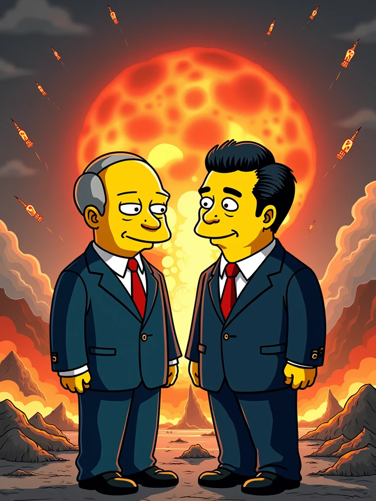 Vladimir Putin and Chinese president Xi on apocalyptic background with nuclear weapons, bomb, Simpsons style, yellow skin —ar 16:9