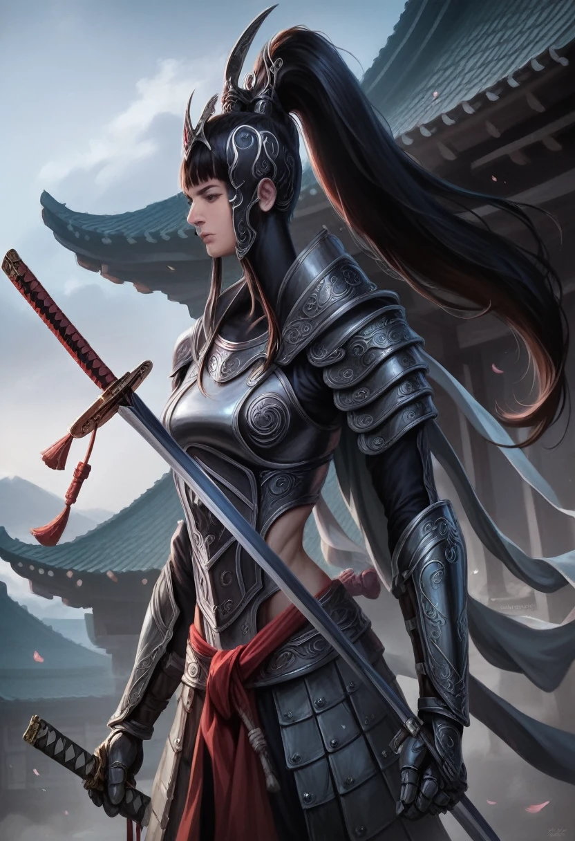 (Highest quality,4K,8k,High resolution,masterpiece:1.2), Very detailed, (Realistic, photoRealistic, photo-Realistic:1.37), Samurai Armor, traditional japanese sword, beautiful girl, cute, ponytail, Very detailed, hyper-Realistic texture, Realistic, Realistic photos.