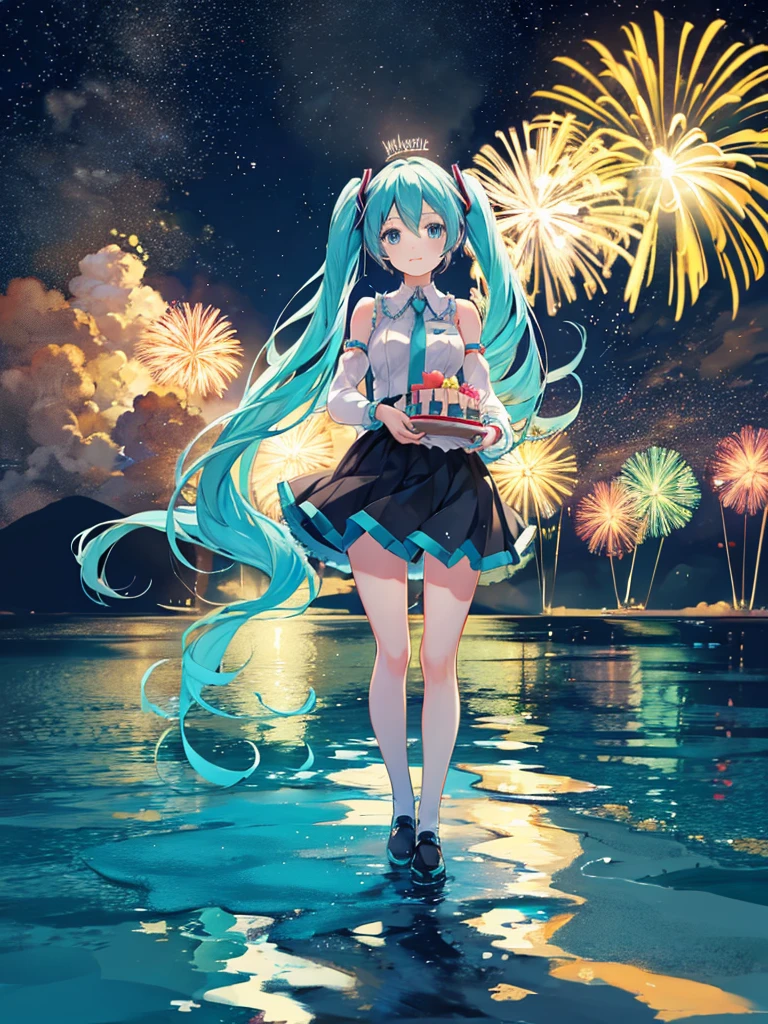 Hatsune Miku holding a birthday cake. Fireworks in the background.