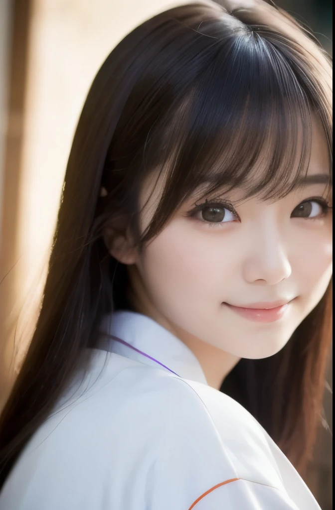 best quality, face focus, soft light, ultra high res, (photorealistic:1.4), RAW photo,(Shinozaki Ai), white skin, kawaii, 1 Japanese girl, solo, cute, (smile), (pupil, lights in the eyes), detailed beautiful face, busty,(high resolution detail of human skin texture), long hair,(portrait), upper body, white traditional kimono
