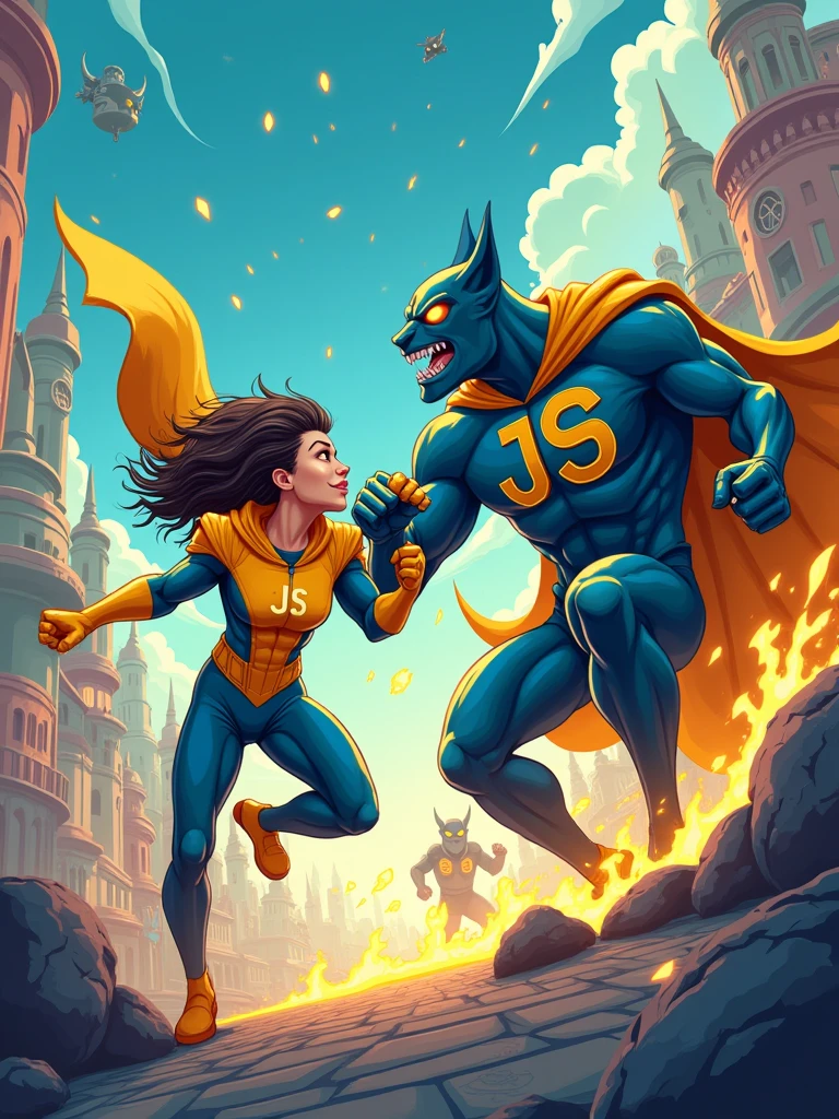 a javascript developer as super hero with letters "JS" on chest and yellow and blue colors fighting against a javascript bug monster in disney style