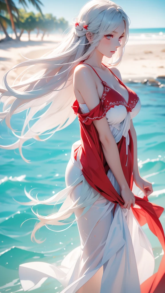 Long white hair, red eyes, woman, adult, turquoise summer dress, large breasts, beach