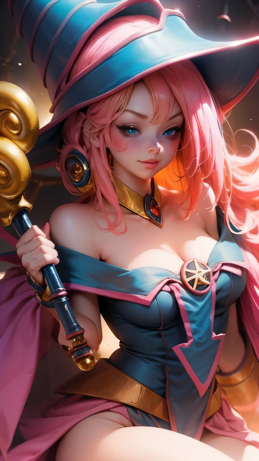 Beautiful face of dark wizard gils. long eyelashes, blue eyes. pink lips. long blonde hair. Yellow hair. exposed shoulders, angelic smile, beautiful well detailed face of dark wizard gils. blowing a kiss. and winking. She is flirtatious with the viewer.