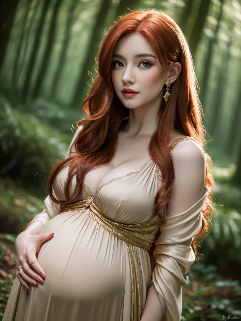 a beautiful redheaded asian girl pregnant, VERY LONG and VERY VERY VERY SILKY HAIR, very elegant elf dress, dense forest, no sunlight, pretty hands, detailed face and eyes, very big tits (best quality,4k,8k,highres,masterpiece:1.2),ultra-detailed,(realistic,photorealistic,photo-realistic:1.37),magical fantasy atmosphere,fantasy,concept art