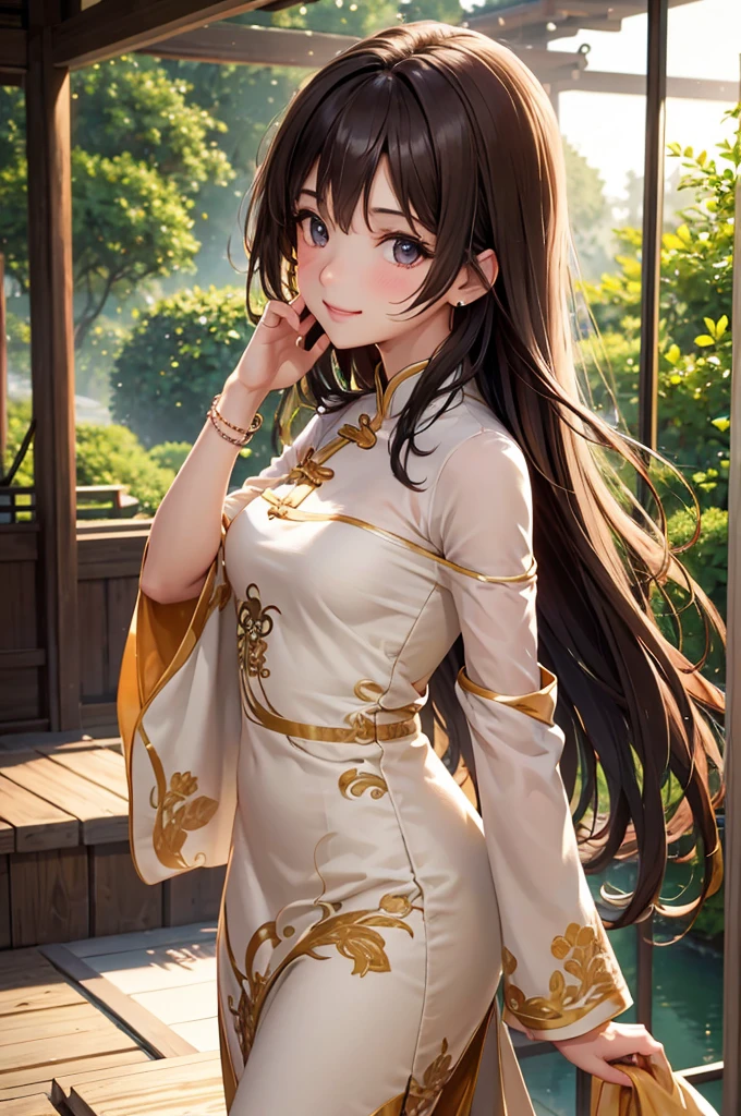Best Quality,High resolution,8k,finelity detailed background,Masterpiece:1.2),beautiful girl,Shiny brown hair,messy hair,Brown eyes,Gentle look,A refreshing look,smile,Best quality,Best Quality,Aesthetic and aesthetic:1.2,Best details((Super detailed))(High-definition CG illustrations),China dress,Slender body,Japanese garden,smile,blush,cute,Scrounge,Looking up,Being spoiled,super model