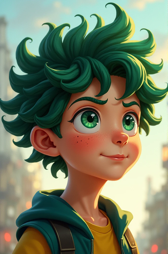 Deku, boy with curly green hair, crown of braids and freckles