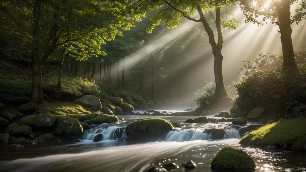 In a misty wood, a woman made entirely of leaves offers an apple to a majestic stag by a gently flowing stream. The scene is captured with a dynamic symmetry composition, enhancing the natural balance between the characters and their surroundings. The viewpoint is an atmospheric perspective, creating a sense of depth and immersion in the woodland. Two-tone lighting with volumetric lighting emphasizes the ethereal quality of the scene, with the Tyndall effect scattering light through the mist. The style is cinematic, rendered in ultra HD, 8k resolution with V-ray for hyperrealism, giving the image a lifelike and otherworldly feel.