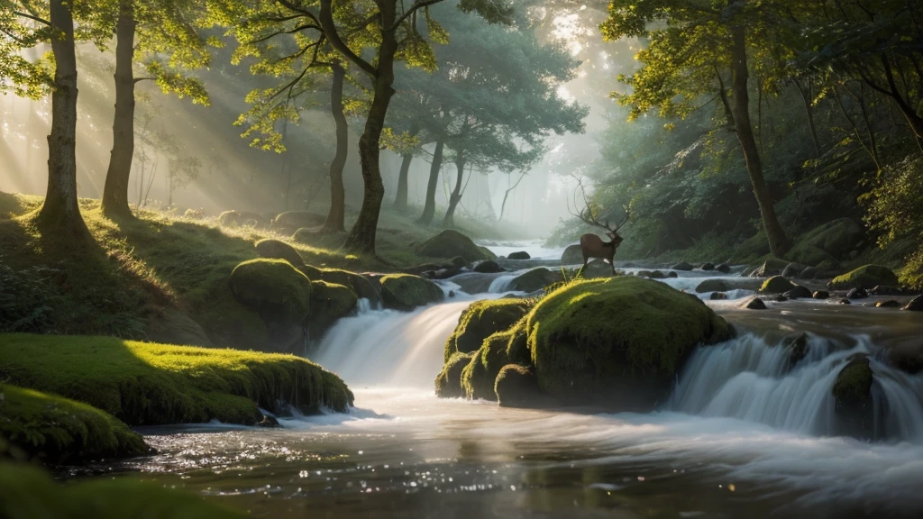 In a misty wood, a woman made entirely of leaves offers an apple to a majestic stag by a gently flowing stream. The scene is captured with a dynamic symmetry composition, enhancing the natural balance between the characters and their surroundings. The viewpoint is an atmospheric perspective, creating a sense of depth and immersion in the woodland. Two-tone lighting with volumetric lighting emphasizes the ethereal quality of the scene, with the Tyndall effect scattering light through the mist. The style is cinematic, rendered in ultra HD, 8k resolution with V-ray for hyperrealism, giving the image a lifelike and otherworldly feel.