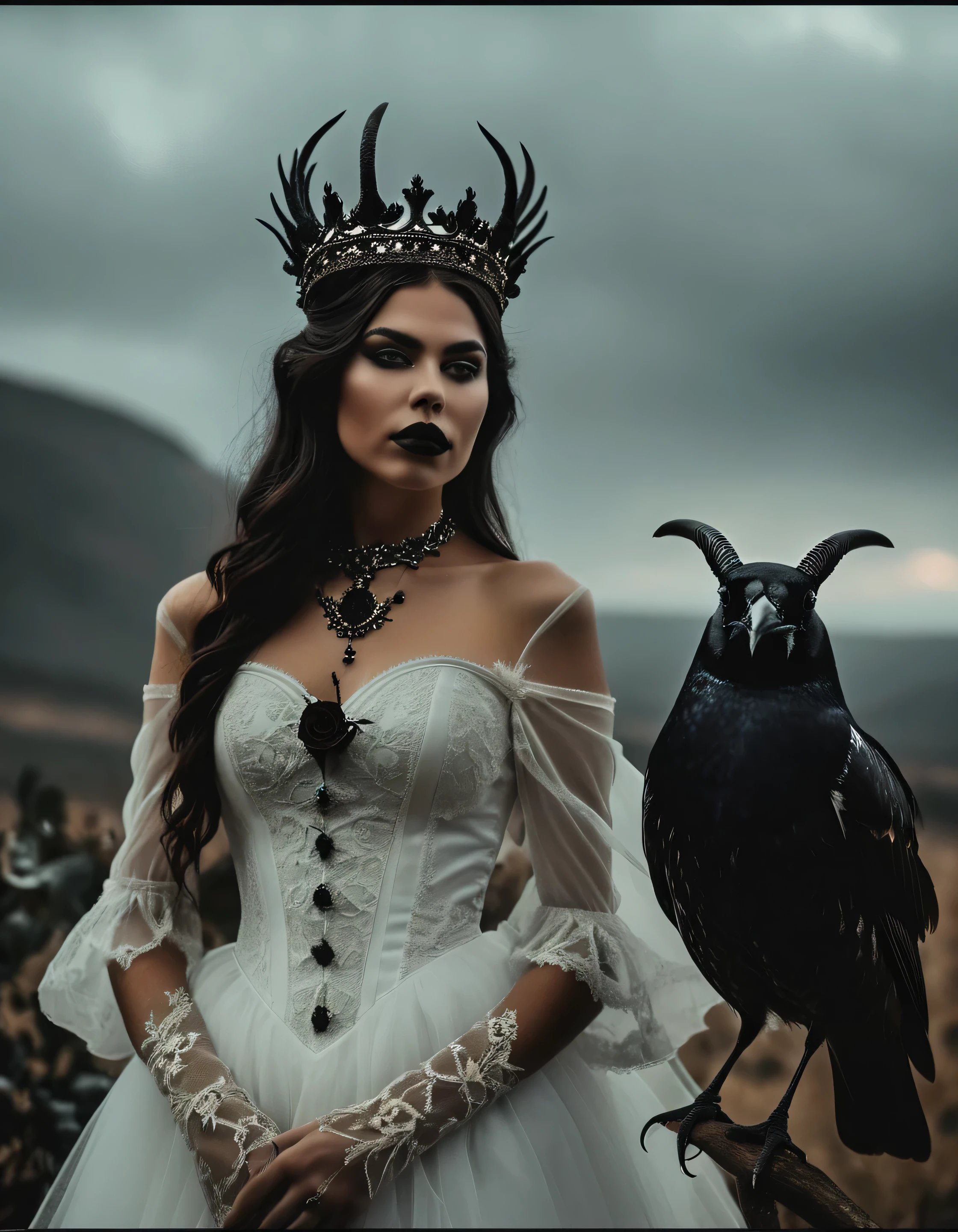 a woman in a white dress and a black bird, white horns queen demon, gothic horror vibes, spiritual eerie creepy picture, soft devil queen madison beer, demonic photograph, darkwave goth aesthetic, cursed image, in a crown, cursed photography, she is the queen of black roses, eerie spiritual grainy, dark dance photography aesthetic, with a crown, ominous gothic aesthetic