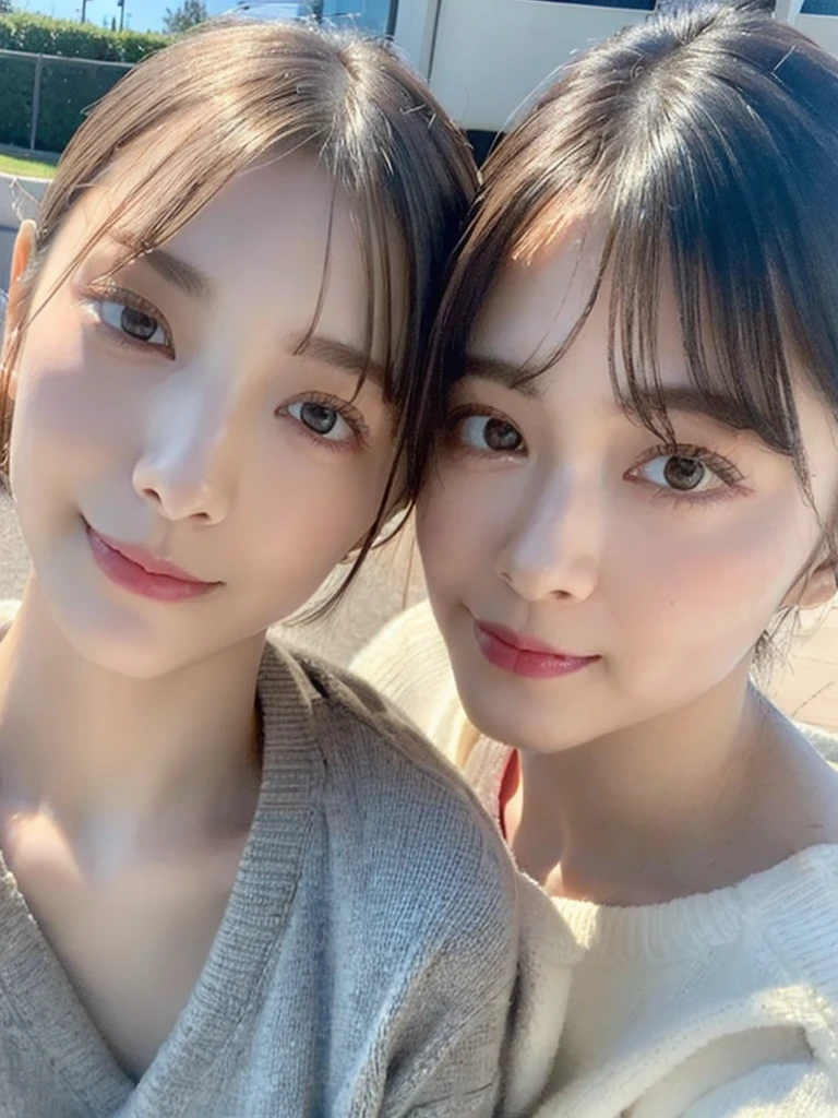 (masterpiece:1.3), (8k, Photoreal, Raw photo, best image quality: 1.4), Japanese high school girl、(random hairstyle:1.2)、cleavage:1.5、super detail face、eye for details、double eyelid、chest to chest、sharp focus:1.2、Beautiful woman:1.4、light brown hair、highest quality、masterpiece、超A high resolution、(Photoreal:1.4)、Highly detailed and professionally lit smiles、loose and light knitwear、shoulder out、thin、serious expression、short haired、deadly position
similar identical twins
All the girls have the exact same face, The two have the same face and figure, as if they were mirror images.