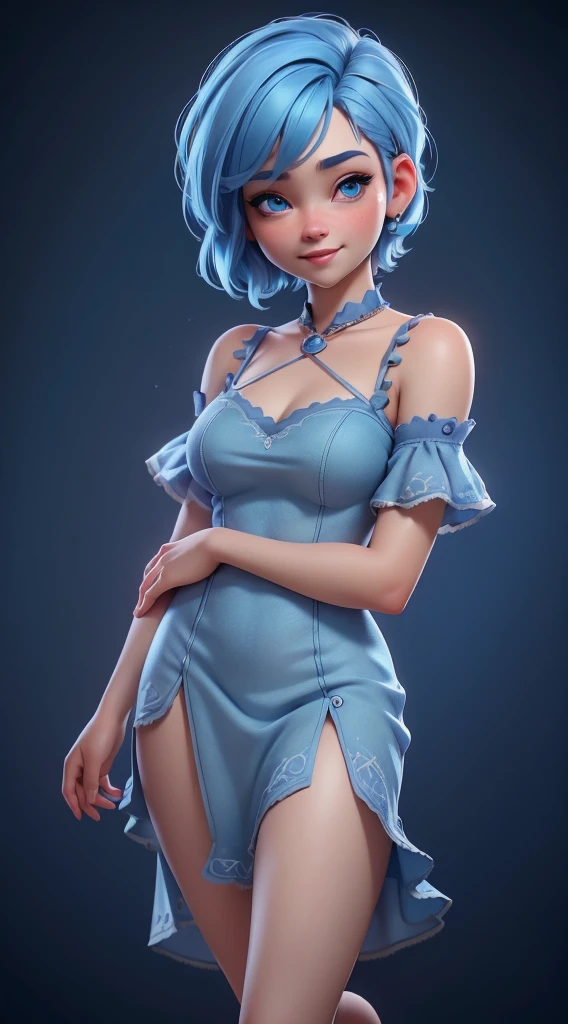 a girl with short blue hair, beautiful detailed blue eyes, a confident smile, correct limbs, blue dress, (best quality,4k,8k,highres,masterpiece:1.2),ultra-detailed,(realistic,photorealistic,photo-realistic:1.37),cinematic lighting,fantasy art,vivid colors,bokeh