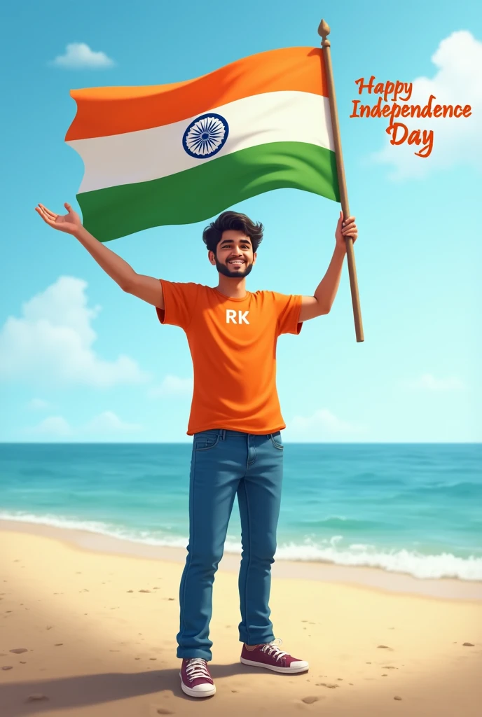 A real 25 years old boy hieght 5.3m, Wearing Orange T shirt blue jeans sneakers and the name “RK” is written on his t-shirt and the boy is standing on the road with holding a national flag of India, and behind him is the beach. And written on sky “Independence Day” Create Realistic image high quality
