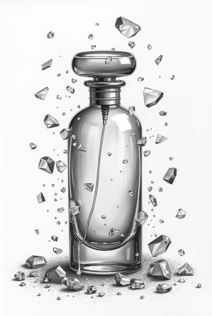 Pencil drawing of a cylindrical glass perfume bottle, all broken and with a lot of visual noise.